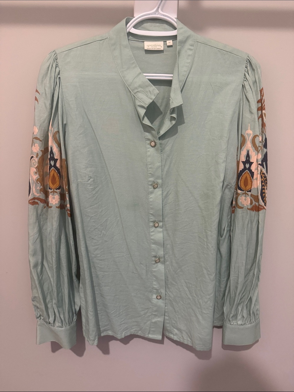 Spartina 449 Mint Green Button-Front Blouse with Embroidered Sleeves